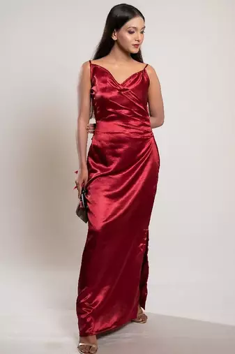 Red satin evening dress