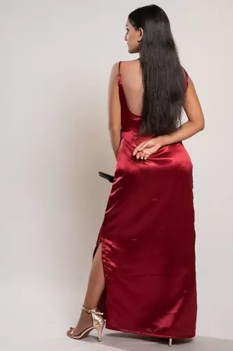 Red satin evening dress