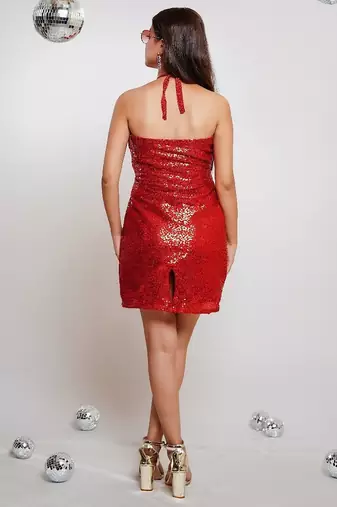 Red sequin backless dress