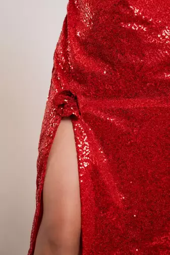 Red floral slit sequin dress