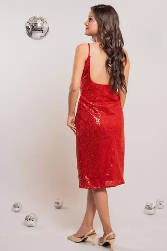Red floral slit sequin dress