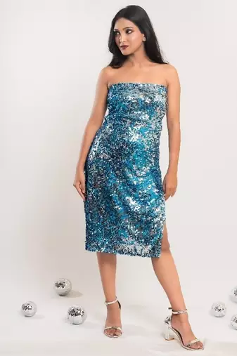 Blue - silver sequin slit dress