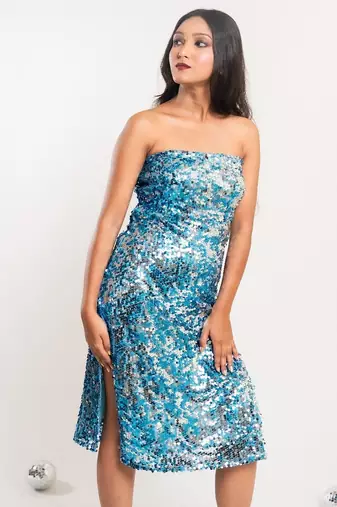 Blue - silver sequin slit dress