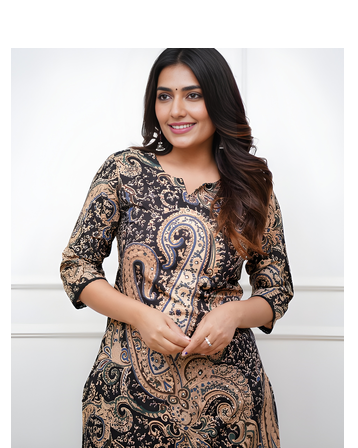 Paisley Print Kurta Set with Palazzo Pants, 3/4 Sleeve, Lace Trim 2