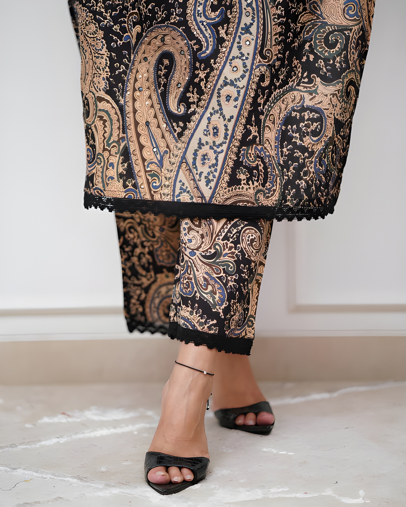 Paisley Print Kurta Set with Palazzo Pants, 3/4 Sleeve, Lace Trim
