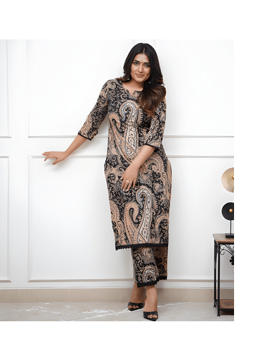 Paisley Print Kurta Set with Palazzo Pants, 3/4 Sleeve, Lace Trim 4