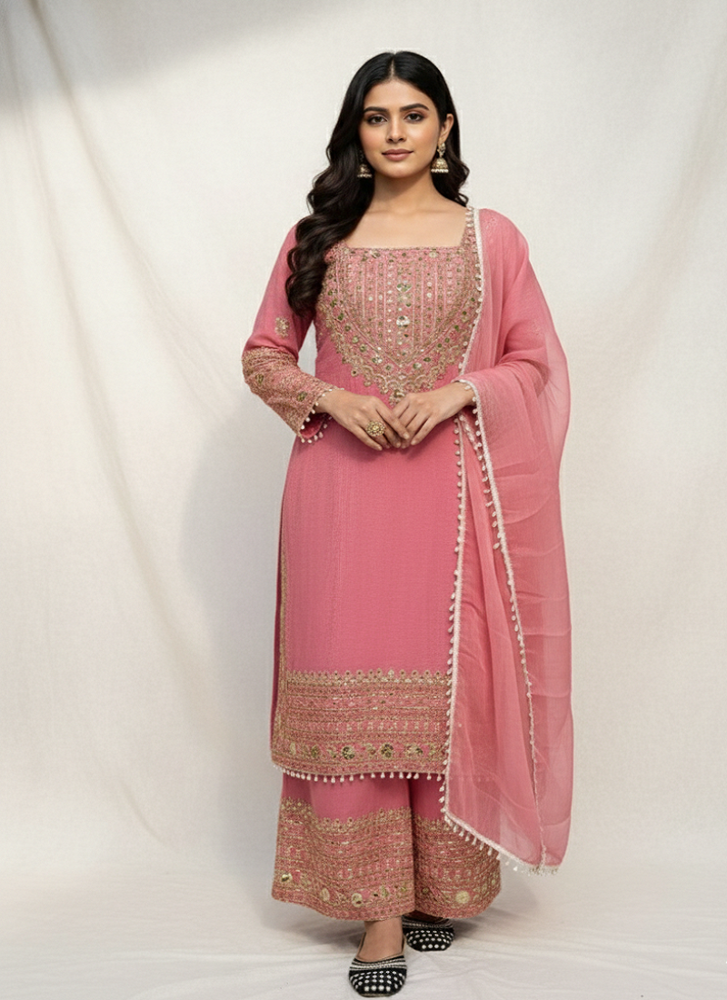 pink crunchy silk salwar suit with embroidery work