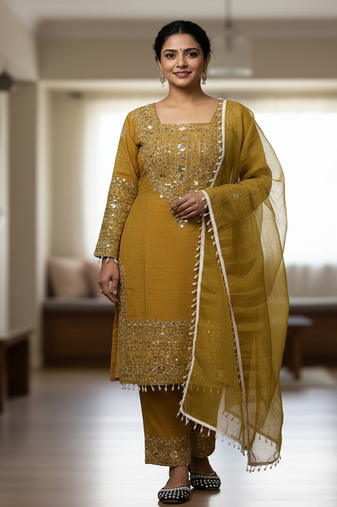 yellow crunchy silk salwar suit with embroidery work
