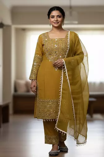 yellow crunchy silk salwar suit with embroidery work