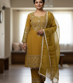 yellow crunchy silk salwar suit with embroidery work
