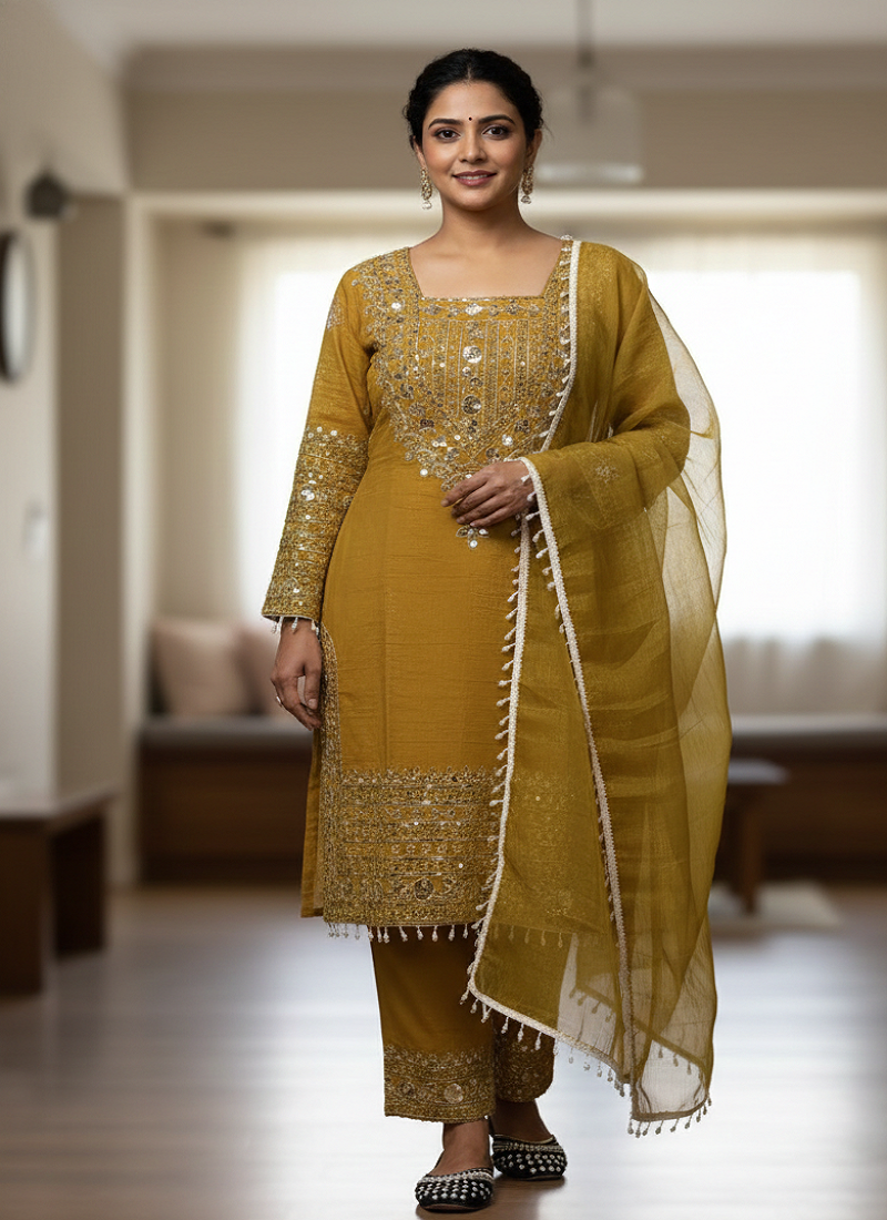 yellow crunchy silk salwar suit with embroidery work
