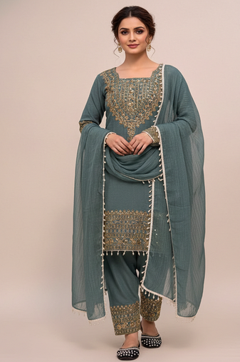 firozi crunchy silk salwar suit with embroidery work