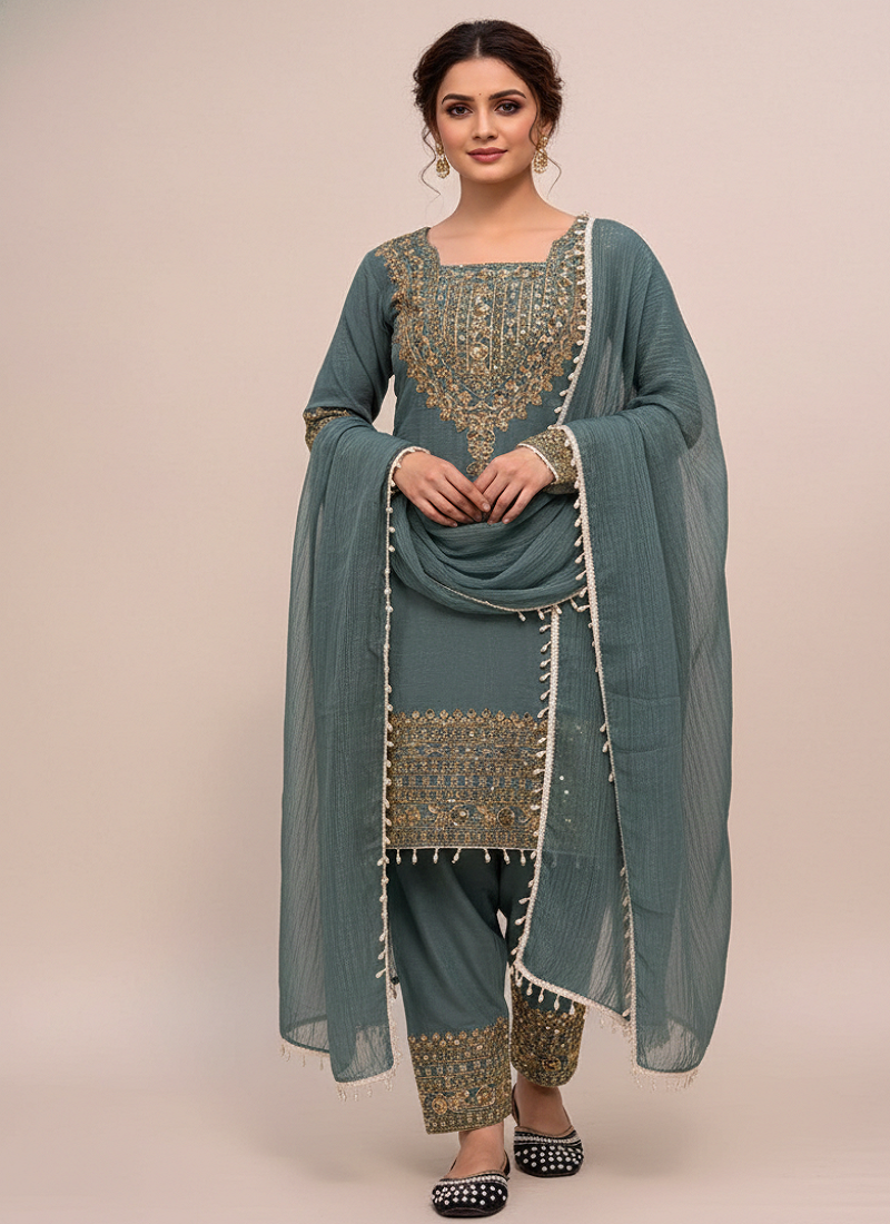 firozi crunchy silk salwar suit with embroidery work