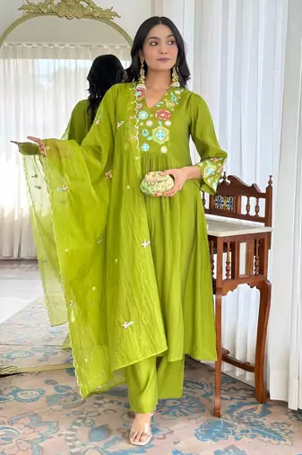 Women's Beautiful Embroidery Work Viscose Silk Fabric Flared Kurta Pant and Dupatta Set