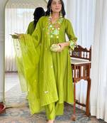 Women's Beautiful Embroidery Work Viscose Silk Fabric Flared Kurta Pant and Dupatta Set