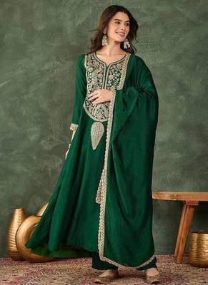 Women's Beautiful Embroidery Work Vichitra Silk Fabric Flared Kurta Pant and Dupatta Set 1