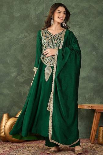Women's Beautiful Embroidery Work Vichitra Silk Fabric Flared Kurta Pant and Dupatta Set