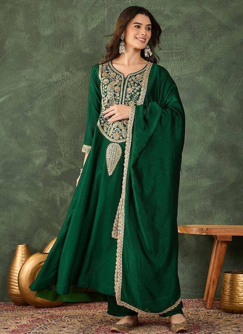 Women's Beautiful Embroidery Work Vichitra Silk Fabric Flared Kurta Pant and Dupatta Set