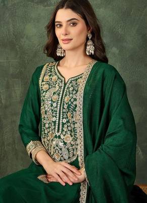 Women's Beautiful Embroidery Work Vichitra Silk Fabric Flared Kurta Pant and Dupatta Set 2
