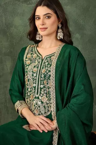 Women's Beautiful Embroidery Work Vichitra Silk Fabric Flared Kurta Pant and Dupatta Set