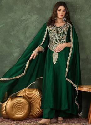 Women's Beautiful Embroidery Work Vichitra Silk Fabric Flared Kurta Pant and Dupatta Set 3
