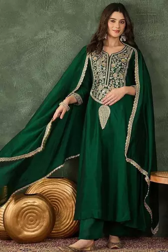 Women's Beautiful Embroidery Work Vichitra Silk Fabric Flared Kurta Pant and Dupatta Set