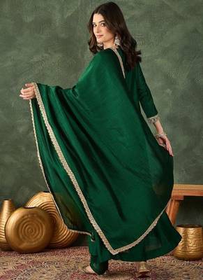 Women's Beautiful Embroidery Work Vichitra Silk Fabric Flared Kurta Pant and Dupatta Set 4