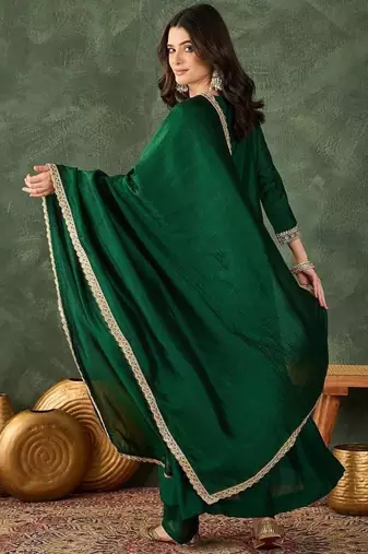 Women's Beautiful Embroidery Work Vichitra Silk Fabric Flared Kurta Pant and Dupatta Set