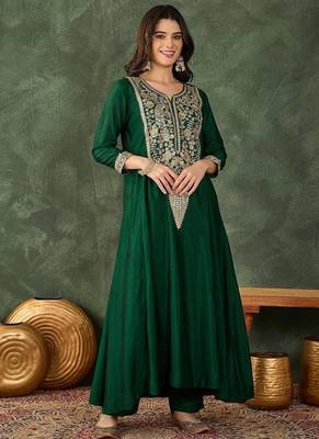Women's Beautiful Embroidery Work Vichitra Silk Fabric Flared Kurta Pant and Dupatta Set 5