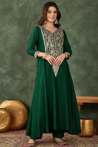 Women's Beautiful Embroidery Work Vichitra Silk Fabric Flared Kurta Pant and Dupatta Set