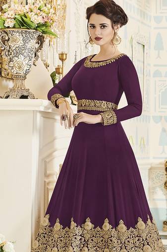 Georgette salwar kameez in purple color with embroidery and crystal stone work