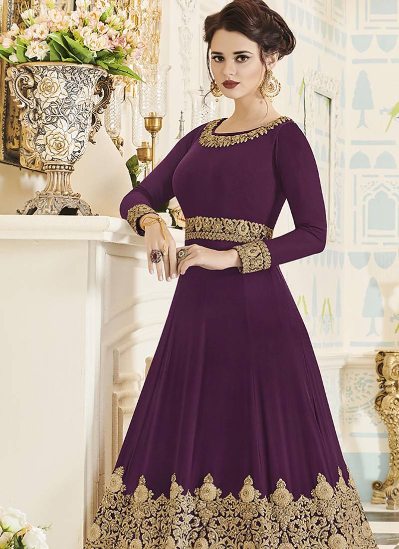 Georgette salwar kameez in purple color with embroidery and crystal stone work