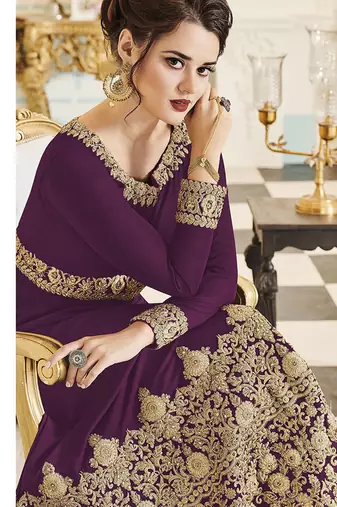 Georgette salwar kameez in purple color with embroidery and crystal stone work