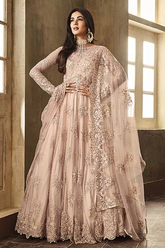 Soft net anarkali party wear salwar kameez in peach color with embroidery and crystal stone work