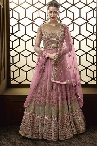 Soft premium net anarkali party wear salwar kameez in pink color with embroidery and crystal stone work