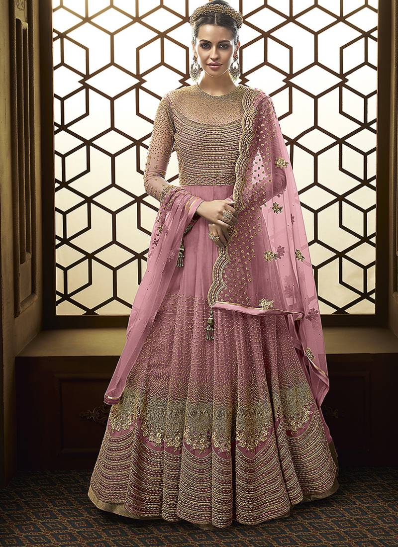 Soft premium net anarkali party wear salwar kameez in pink color with embroidery and crystal stone work