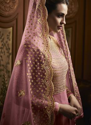 Soft premium net anarkali party wear salwar kameez in pink color with embroidery and crystal stone work 2
