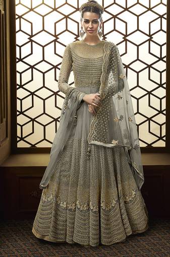 Soft net anarkali party wear salwar kameez in grey color with embroidery and crystal stone work