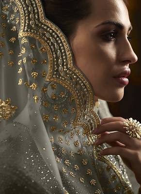 Soft net anarkali party wear salwar kameez in grey color with embroidery and crystal stone work 2