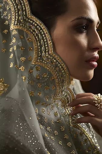 Soft net anarkali party wear salwar kameez in grey color with embroidery and crystal stone work