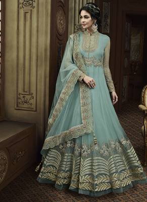 Soft net anarkali party wear salwar kameez in sky blue color with embroidery and crystal stone work 1