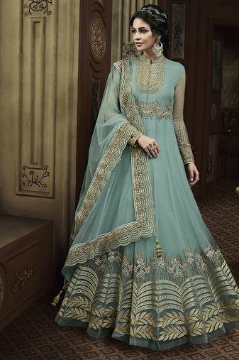 Soft net anarkali party wear salwar kameez in sky blue color with embroidery and crystal stone work