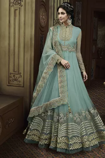 Soft net anarkali party wear salwar kameez in sky blue color with embroidery and crystal stone work