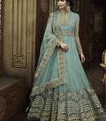Soft net anarkali party wear salwar kameez in sky blue color with embroidery and crystal stone work
