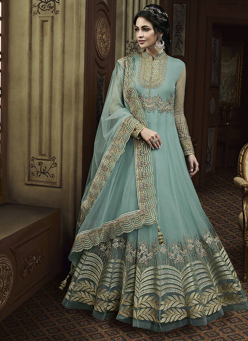 Soft net anarkali party wear salwar kameez in sky blue color with embroidery and crystal stone work