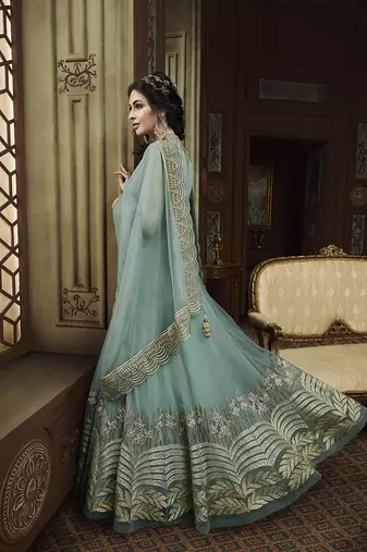 Soft net anarkali party wear salwar kameez in sky blue color with embroidery and crystal stone work