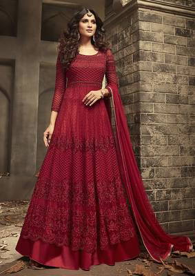 Soft net anarkali wedding salwar kameez in red color with embroidery and crystal stone work 1