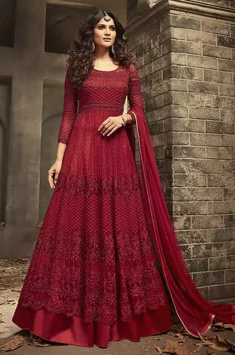 Soft net anarkali wedding salwar kameez in red color with embroidery and crystal stone work