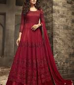 Soft net anarkali wedding salwar kameez in red color with embroidery and crystal stone work