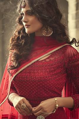 Soft net anarkali wedding salwar kameez in red color with embroidery and crystal stone work 2